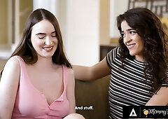 Three adult women share intimate lesbian moments in a passionate group encounter
