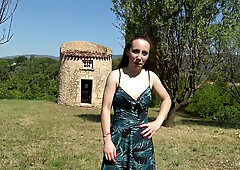 Young French brunette Amandine explores outdoor anal for the first time with two lovers in the countryside
