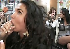 Milfs and teens are touching a guy that is out of his clothes.