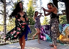 Three hot and wild amateur babes dancing naked outside