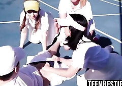 Brace faced besties share a large penis in a foursome