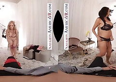 POV VR Foursome: Three American busty milfs fuck salesman in dressing room - Devon