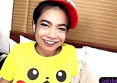 Pikachu Thai ladyboy teen cutie Yoyo POV blowjob and hard anal pounding