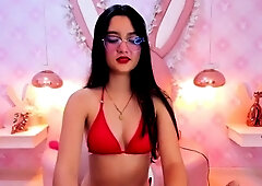 Slim busty and big booty teen in red lingerie on c