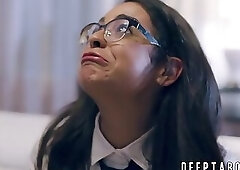 Nerdy college babe dicked and jizzed on in threesome