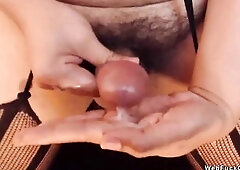 Massive breasts brunette hair Oriental amateur transsexual lady Paige MistressTS takes off pink brassiere and jerks off large jock untill cums in her 