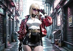 Below the neon rain, this babe emerges in a red and ebony tactical armor, her golden hair flowing wildly beneath the cold light. From assured standing