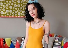 Pale, adorable Goth Charlotte Sartre sits on the stairs, hungrily sucking Dylan Brown's gigantic black dick! The tattooed young vixen strokes her