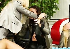 Glamurous catfighting chicks fucked into ass in reverse team fuck