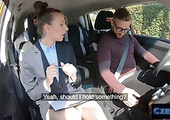 Czech sex - cougar driving instructor needs her snatch licked to calm her down
