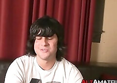 Long haired alternate amateur is stroking his enormous dick