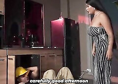 Built plumber fixes his breasty brunette hair client's clogged drain.