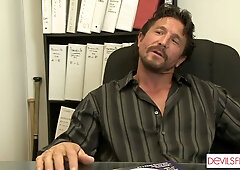 Camille Amore seduces Tommy Gunn in white lace lingerie during a heated office encounter
