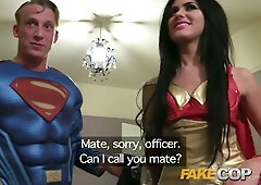 Emma Louise stars in a superhero parody threesome as Wonder Woman pleases Superman and a rogue cop
