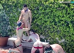 Muscular guys have raw orgy by the pool under the sun