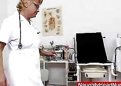 Old practical nurse gets kinky on gyno chair where this babe opens her legs and widens her woolly void urine gap with gyno specula tool