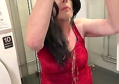 Sissy pissing over her face and mouth
