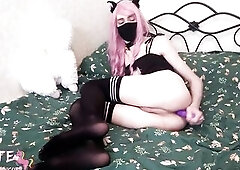 Neko femboy bangs her butt with sex-toy
