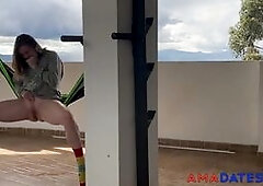 Blonde babe Emily Rose, a thick Gringa, secretly squirts in public! She teases and masturbates on her rooftop, in a hammock, a solo webcam show with a
