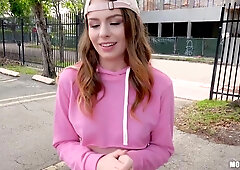 Skinny teeny Alex Blake gives her head and gets fucked outdoor