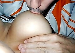 Arab guy kisses me, enjoys my big natural tits while breastfeeding and makes my nipples super hard