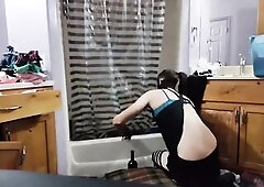 Trying on different outfits in advance of taking a shower with a little smokin' and some anal insertion youthful slender crossdresser in skirts i