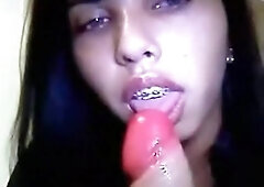 Astonishing Mexican girl uses to chat only with a dildo