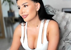 Busty curly brunette with big boobs fucks on couch