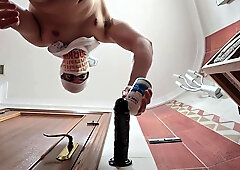 Railing a thick rod against the wall until nutting