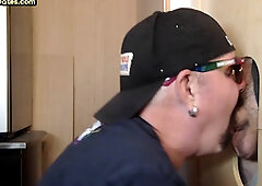 Cum in mouth loving gloryhole DILF sucks penis at home