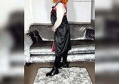Hawt tv crossdresser in full length red and ebony satin costume.
