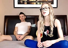 Femdom fetish blonde makes cuckold lick cumshot