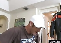 Interracial gay blowjob with black biker