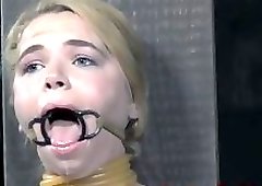 Drooling sub slave flogged during bondage