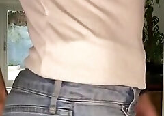 Playing with my cock in ripped jeans and jerking off