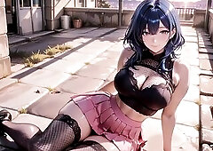 Blue-haired kouhai can't hold back anymore — right here on this town rooftop at sunset! Taut ebony lace brassiere barely contains her biggest t