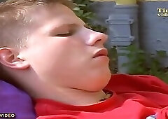 Cute twink jerk big cock and cumshot on garden