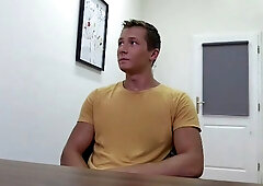 Muscular guy jerking his stiff penis in an audition vid