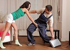 Curly-haired brunette Henessy jumps on a long penis in the cowgirl pose