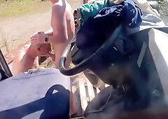 Gay truck driver gets a blow job right in the middle of the huge parking lot