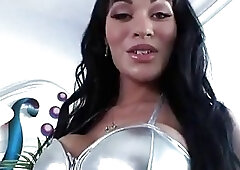 Shemale in silver dress strips down and shows her tits