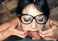Dark-haired MILF with glasses sucks dick and smokes a cigarette (POV)
