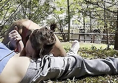 Kinky Inked TGirl Blowing her Lover's Cock Outdoors