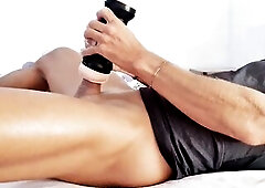 Student Dude with ebony shirt screws his fleshlight in couch - biggest Jizz flow