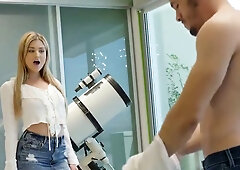 Blonde friend takes her bearded buddy's big cock deep in the shower and on the bed
