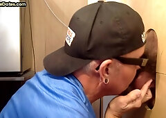 Real gloryhole DILF sucks cock at home till cum in mouth