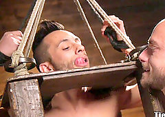 strung up bondage & discipline sub caged for prick tugging