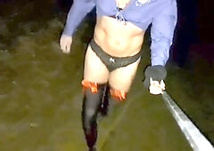 Seductive sissy explores public spaces in lingerie and heels