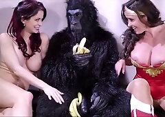 Lesbian Wonder Woman parody unfolds behind metal bars in a surreal lab setting