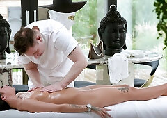 Gorgeous brunette Chloe Heart gets oiled up, massaged, eaten out and fucked well